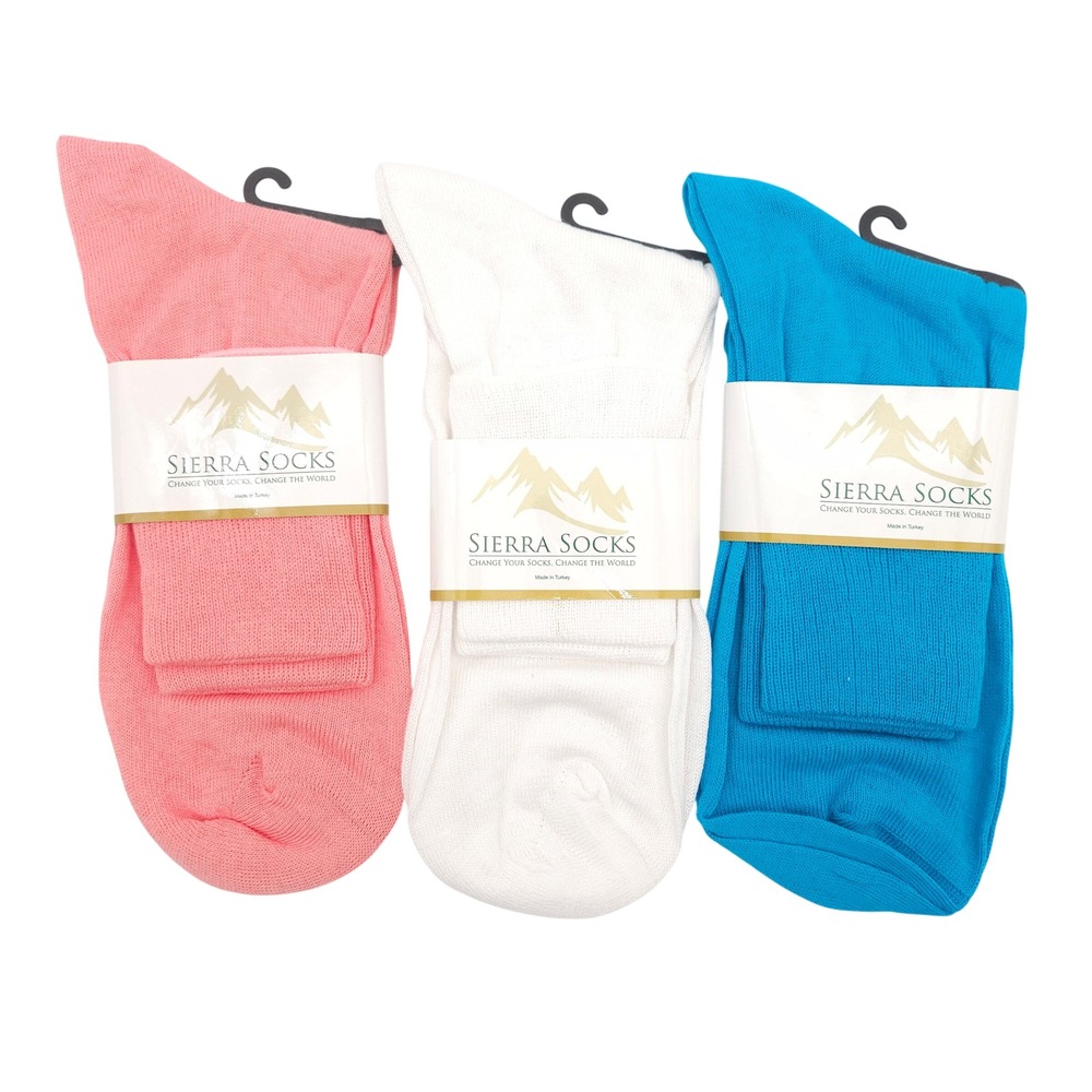 Sierra Socks A5 Size 11 Diabetic Pink White Blue 3-Pack Cotton Crew Socks W16421